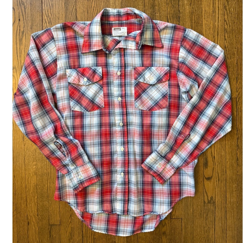 Vintage Montgomery Ward Men Plaid Button Down Shirt Red White Blue Siz M 15-15.5